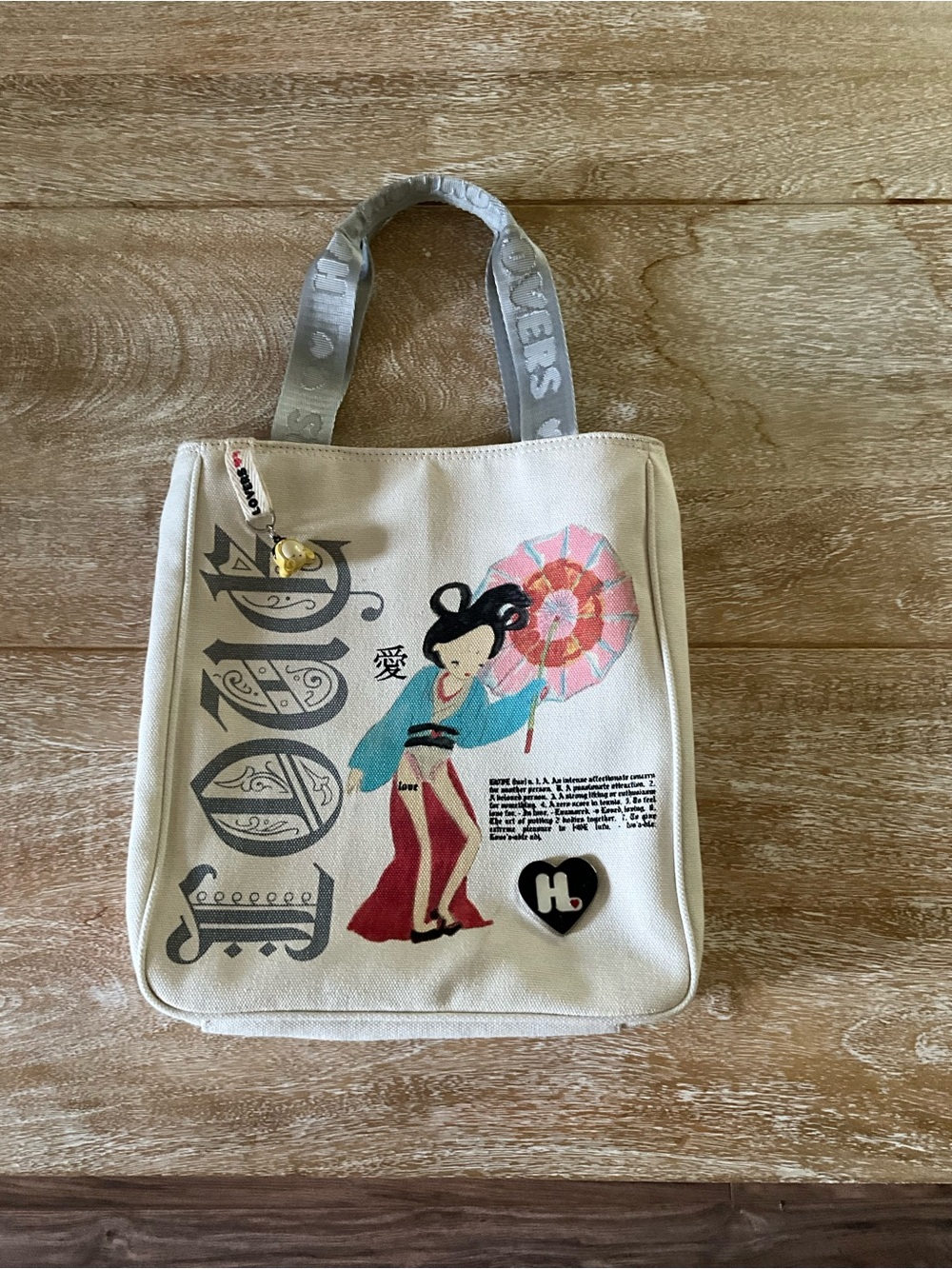 Harajuku Lovers Cream Canvas Tote with Pink, Red and Teal Geisha Graphic